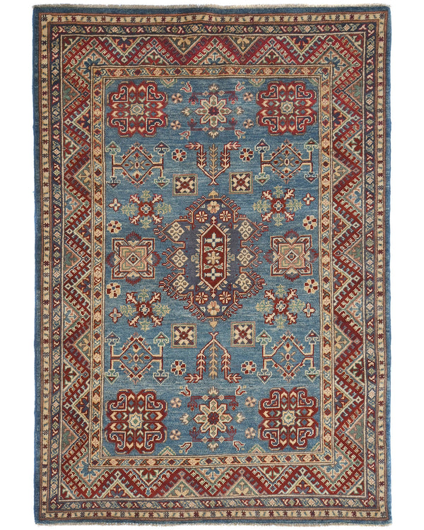 4x6 Blue Kuba Afghan Hand Knotted Wool Area Rug
